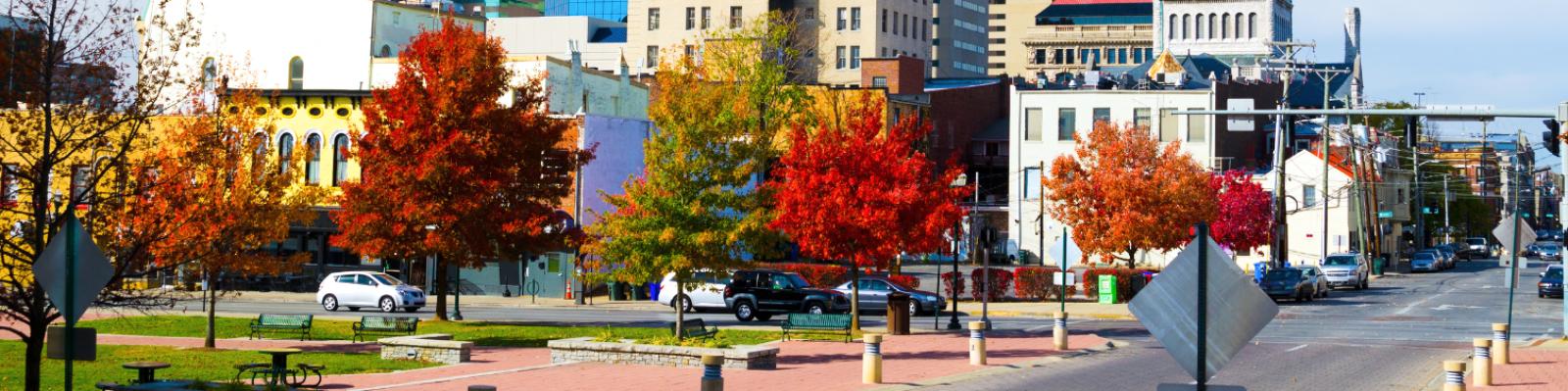 View of downtown Lexington including the Big Blue 5/3rd Building, old courthouse, and the First National Bank building (currently 21c Hotel)